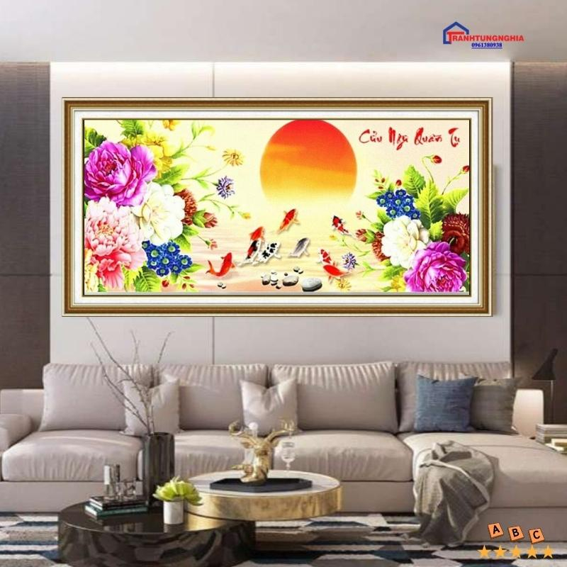 Tranh đính đá cá cửu ngư quần tụ 1m30 x 60cm