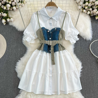 #3878 [Order] Set đầm sơ mi trắng + yếm hai dây croptop denim 3 màu
