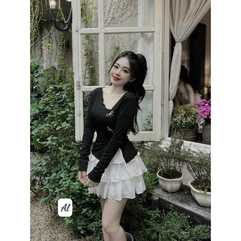 Sét đồ nữ tay dài đính nơ đá kèm chân váy tầng siêu xinh cao cấp