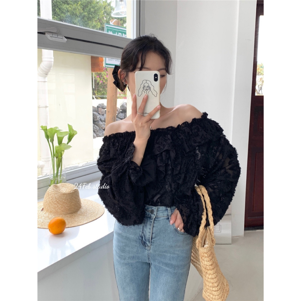 Áo tơ hoa trễ vai dài tay phong cách ulzzang Hàn Quốc [24Feb chi nhánh 2]