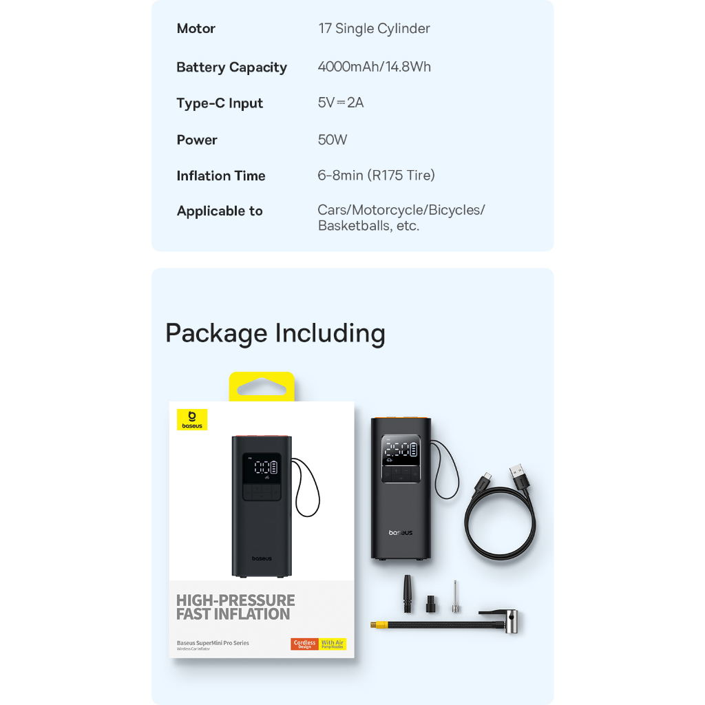 Máy Bơm Lốp Ô Tô Mini Baseus Super Mini Inflator Pump Bơm Siêu Nhanh 4 Lốp Xe Chỉ Trong 25 Phút - TopLink