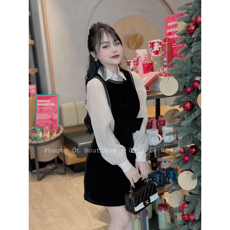 Sét áo tơ + Váy Nhung xoè dáng tiểu thư-Đầm Nhung cách điệu