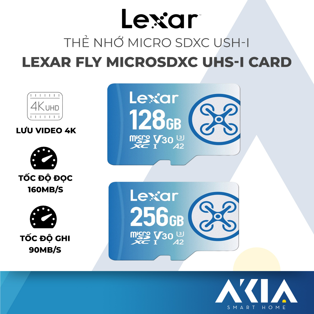 Thẻ nhớ micro SDXC 64GB/ 128GB/ 256GB Lexar FLY, lưu video 4K, tốc độ đọc 160MB/s, tốc độ ghi 90MB/s, BH 5 năm