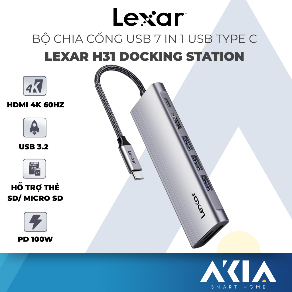 Bộ chia cổng USB 7 in 1 Lexar Hub H31, 3 cổng USB 3.2, 1 cổng HDMI 2.0, 1 cổng sạc nhanh 100W, khe thẻ nhớ Micro SD/ SD