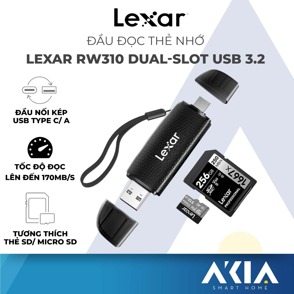 Đầu đọc thẻ nhớ Lexar RW310 Dual-Slot SD/ MicroSD USB 3.2 Type-C và Type-A, tốc độ đọc 170Mb/s