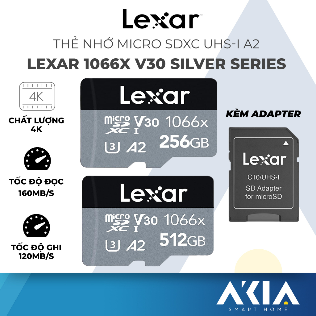 Thẻ nhớ microSDXC 64GB/ 128GB/ 256GB/ 512GB Lexar 1066x UHS-I A2 SILVER Series, chất lượng 4K, đọc 160Mb/s, ghi 120Mb/s
