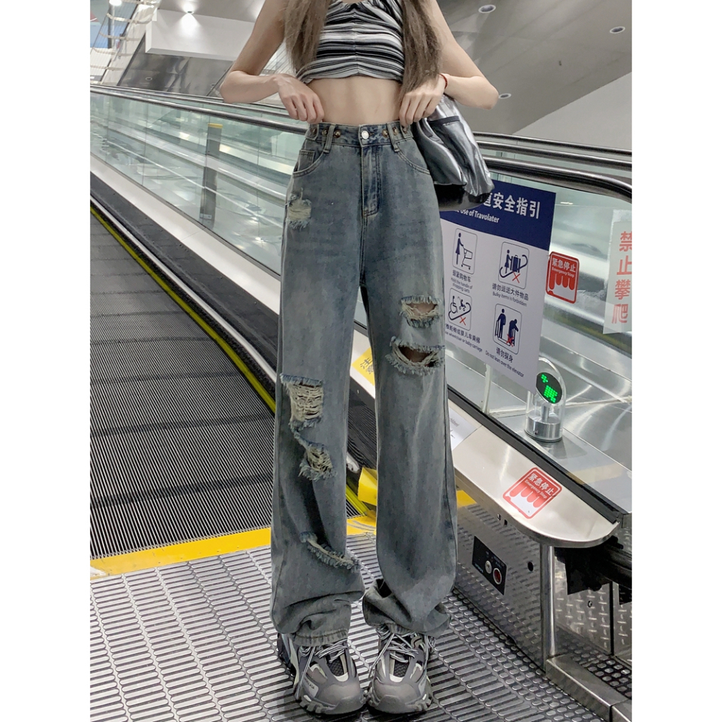 Quần jeans nữ ống suông, quần bò nữ ống suông phối đai đính cúc rách mặt trước siêu cực HOT H06 | BigBuy360 - bigbuy360.vn