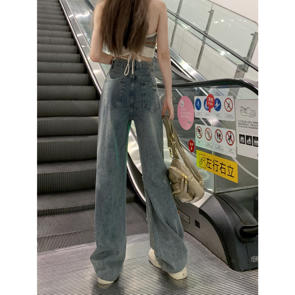 Quần jeans nữ ống suông, quần bò nữ ống suông phối đai đính cúc rách mặt trước siêu cực HOT H06 | BigBuy360 - bigbuy360.vn