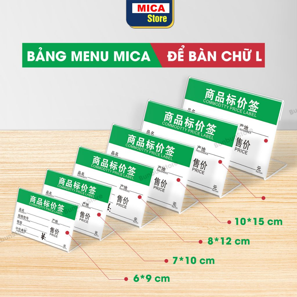 Menu Mica chữ L, Bảng tên để bàn, Kệ nhãn giá mini, thông tin sản phẩm, Tag giá để bàn, nhãn siêu thị.mica trong suốt.