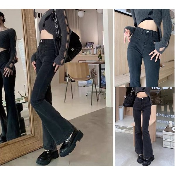 Quần jeans nữ ống loe, quần bò nữ ống loe màu xám đen phối 2 túi mặt trước siêu mới lạ H13 | BigBuy360 - bigbuy360.vn