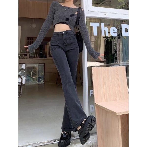 Quần jeans nữ ống loe, quần bò nữ ống loe màu xám đen phối 2 túi mặt trước siêu mới lạ H13 | BigBuy360 - bigbuy360.vn