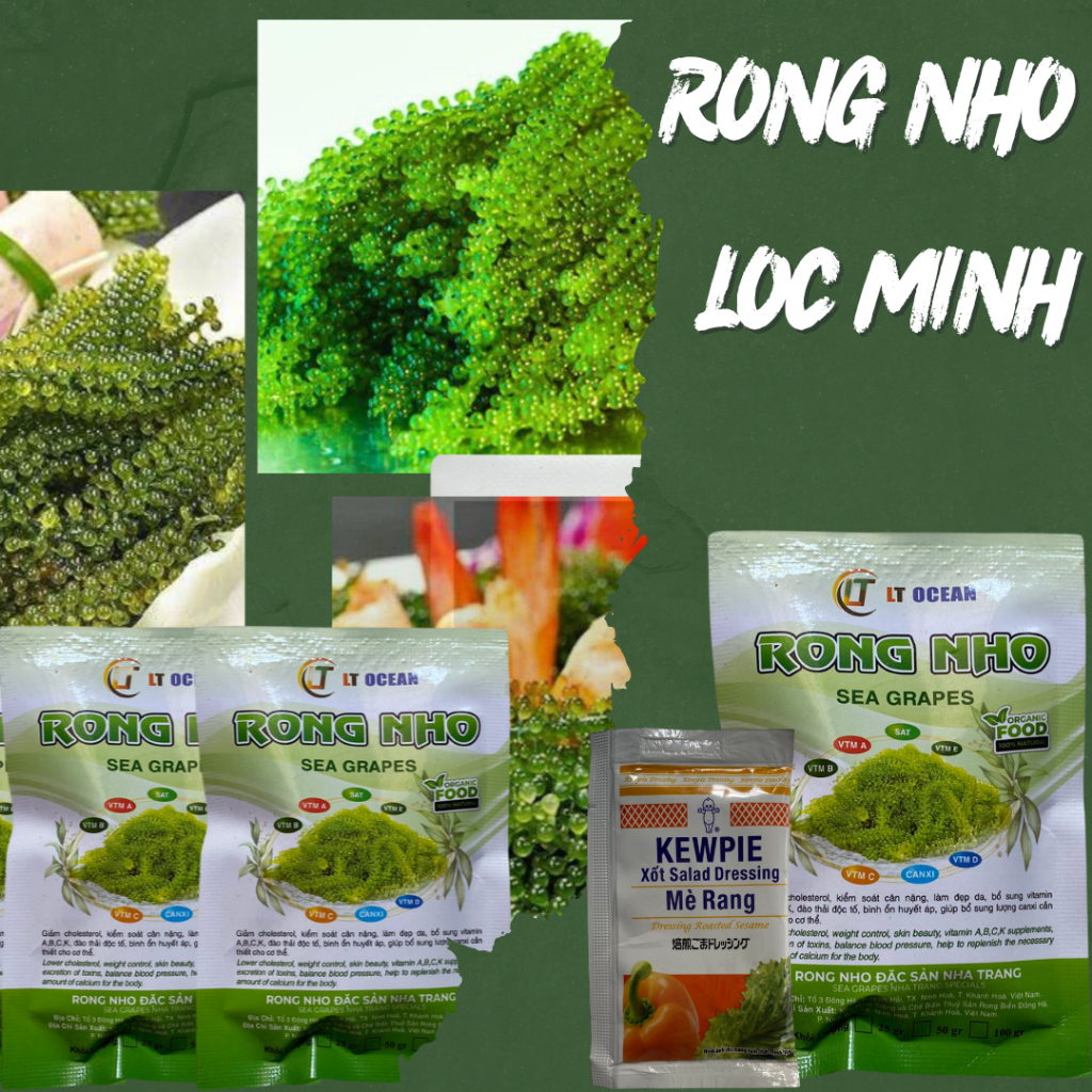 Rong nho tách nước, rong nho gói rong nở ra 75gr rong tươi tặng thêm nước sốt mè rang KEWPIE, ăn vặt ngon
