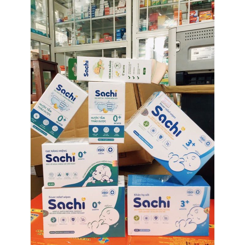 Gạc rơ lưỡi Sachi , Khăn lau hạ sốt 0m+ & 3m+ SACHI , Nước tắm thảo dược Sachi , kem bôi đa năng sachi .