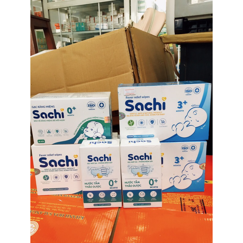 Gạc rơ lưỡi Sachi , Khăn lau hạ sốt 0m+ & 3m+ SACHI , Nước tắm thảo dược Sachi , kem bôi đa năng sachi .