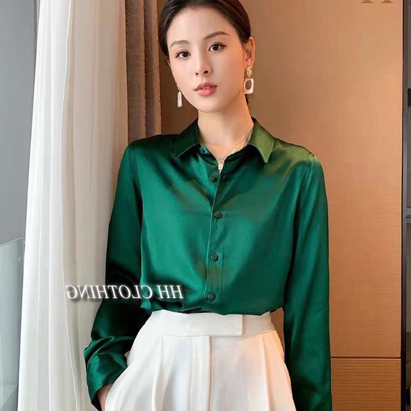 Áo sơ mi nữ dài tay, áo sơ mi lụa công sở dáng hàn quốc form vừa chất liệu lụa latin sang chảnh cao cấp có size đến 75kg
