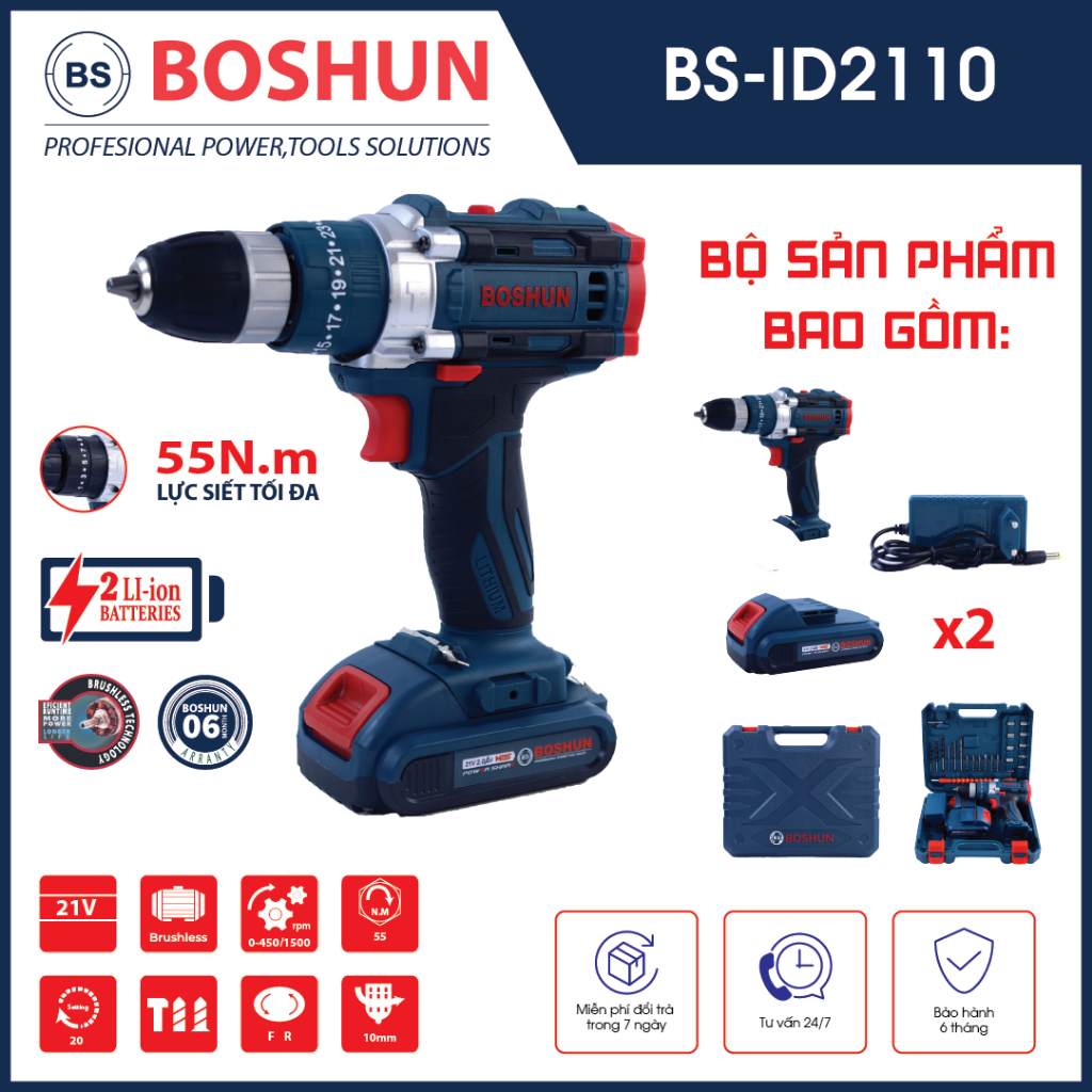 Tặng Kèm Bộ Phụ Kiện 24 Chi Tiết - Máy Khoan Pin Boshun 10mm BS-ID2110 Động Cơ Không Chổi Than, Lõi Đồng1 00%