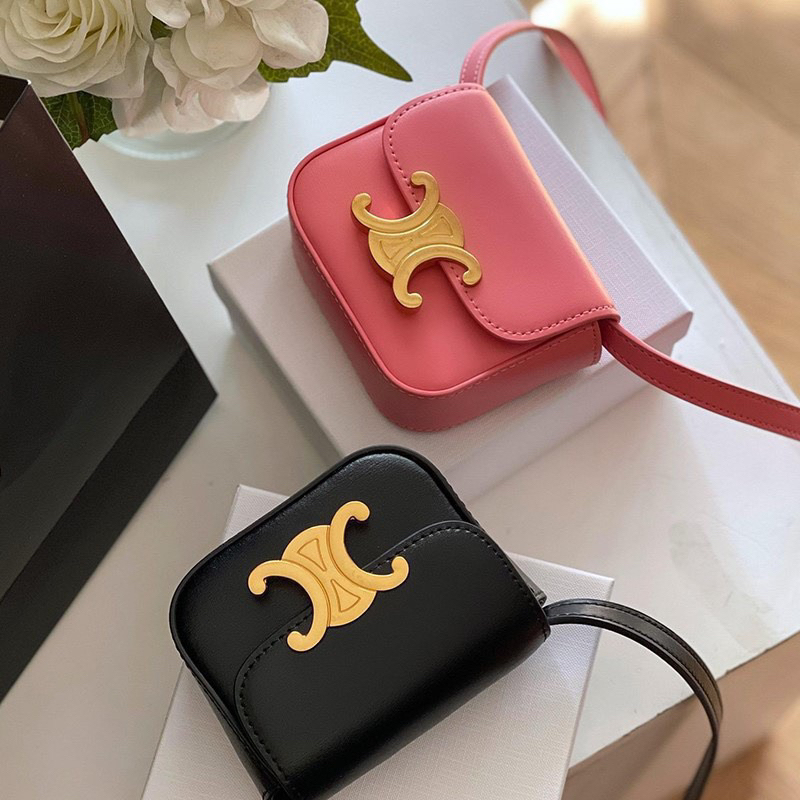 Túi đeo chéo mini da trơn logo vàng xê lin xinh xắn dễ thương