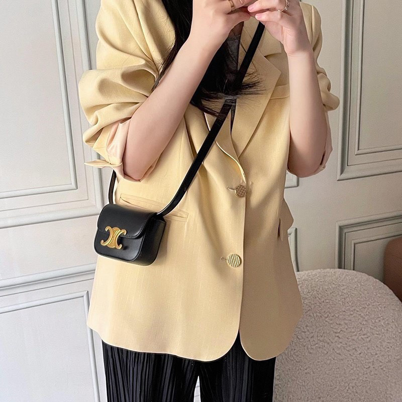 Túi đeo chéo mini da trơn logo vàng xê lin xinh xắn dễ thương