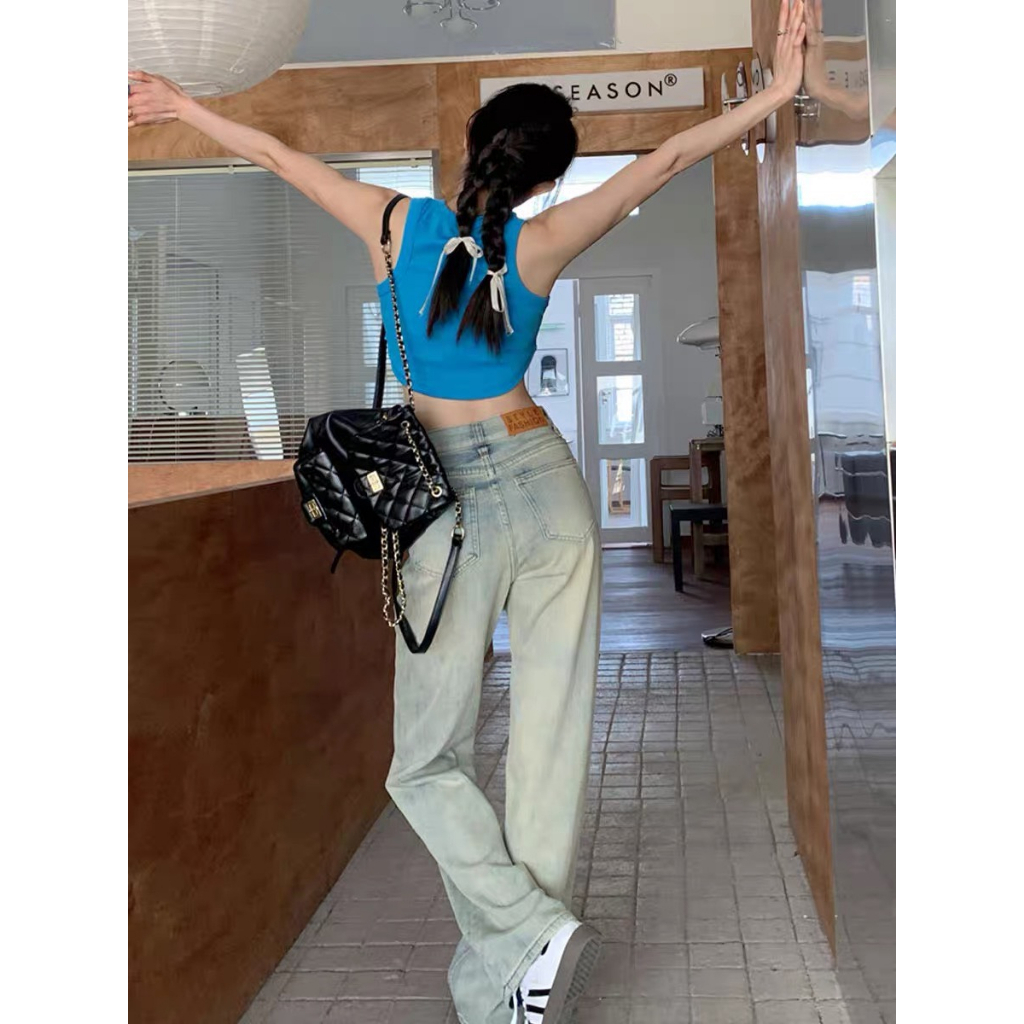 Quần jeans nữ ống suông, quần bò nữ ống suông màu xanh nhạt phpng cách retro siêu dễ mặc H32 | BigBuy360 - bigbuy360.vn