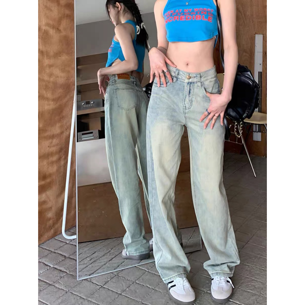 Quần jeans nữ ống suông, quần bò nữ ống suông màu xanh nhạt phpng cách retro siêu dễ mặc H32 | BigBuy360 - bigbuy360.vn