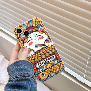 Ốp điện thoại mềm dáng vuông Mèo tài lộc má hồng cầm quạt iP 11 12 13 PRO MAX MINI X XR XS MAX 7 8 eh484