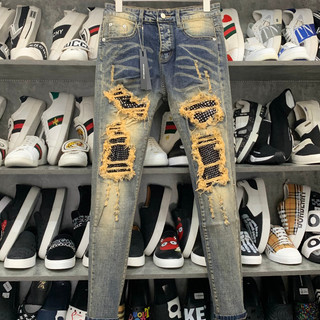 Quần đính đá bạc Quần jean bò nam Amiri slimfit xanh bụi rách xù to đùi gối vá vải đính đá bạc 4 cúc boy phố hot trend