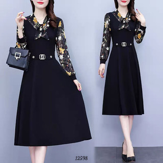 Đầm váy xòe trung niên cổ V phối Thắt nơ hoa cho nữ đi làm văn phòng,đầm váy xòe hoạ tiết cho nữ thường ngày có size M,L
