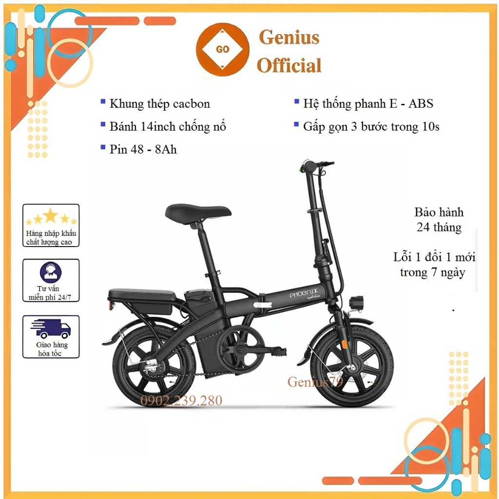 Xe đạp điện gấp gọn PHOENIX, bánh 14 inch, khung thép cacbon cao cấp, động cơ 48v/350w không chổi than - BH 12 tháng