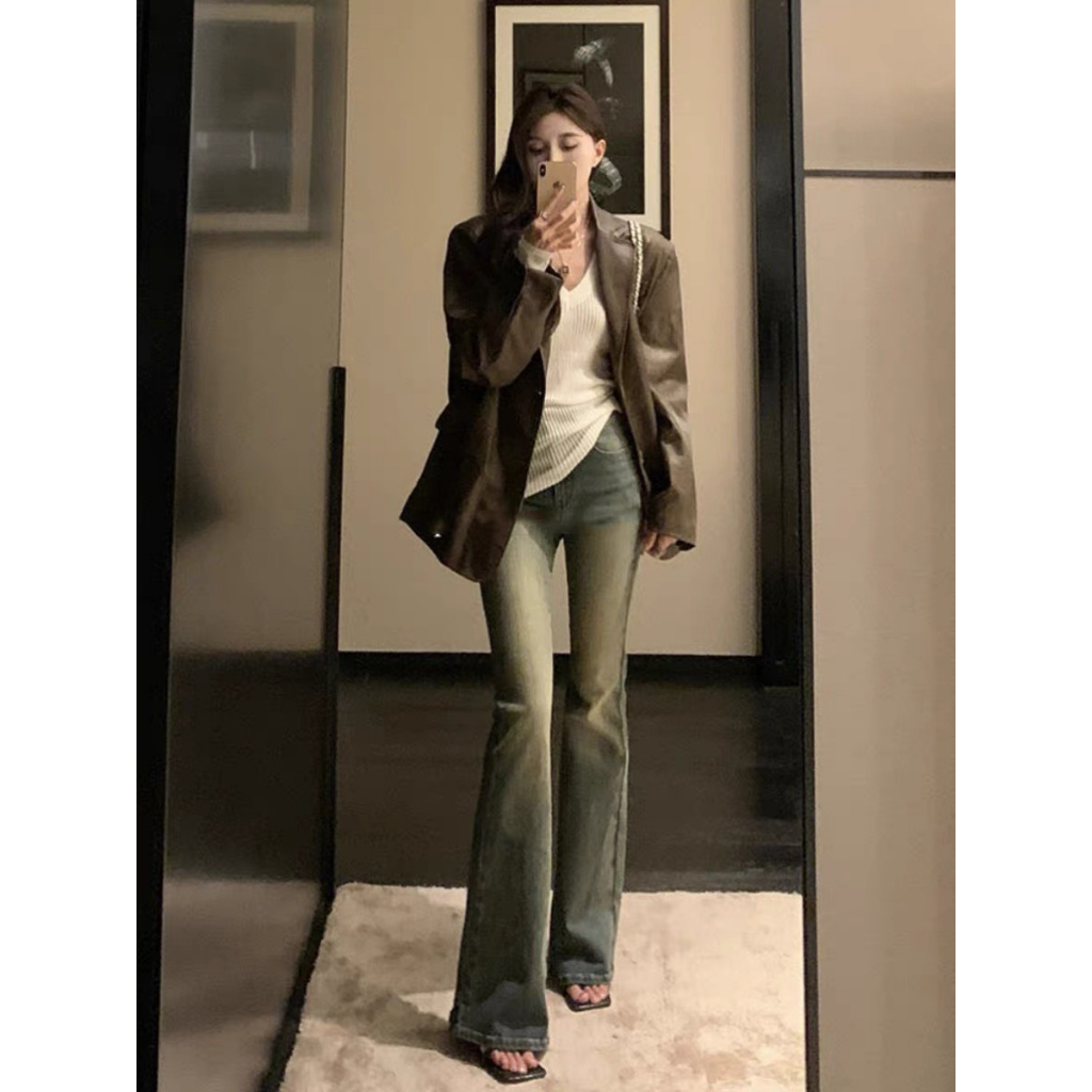 Quần jeans ống loe, quần bò ống loe lưng cao màu xanh cũ siêu sang chảnh tiểu thư H 51 | BigBuy360 - bigbuy360.vn