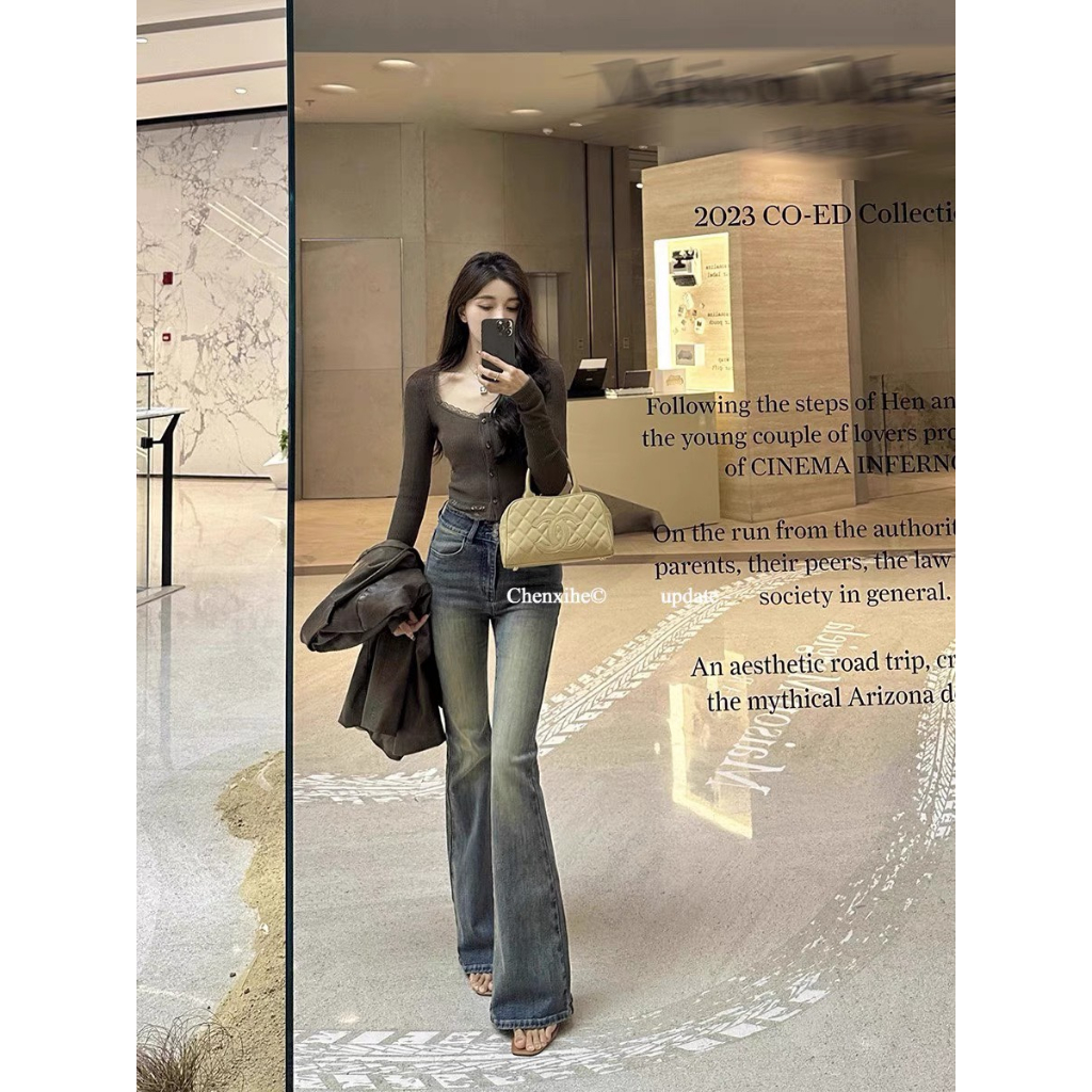 Quần jeans ống loe, quần bò ống loe lưng cao màu xanh cũ siêu sang chảnh tiểu thư H 51 | BigBuy360 - bigbuy360.vn