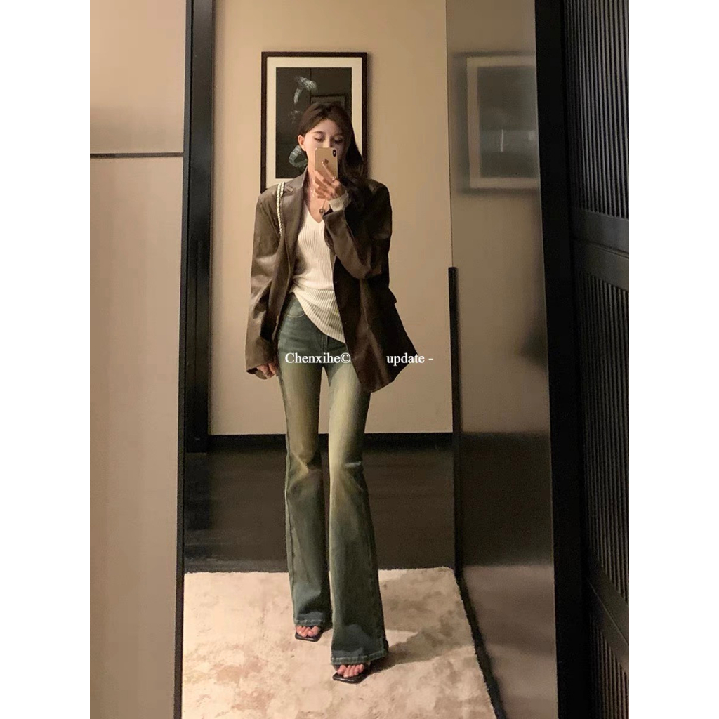 Quần jeans ống loe, quần bò ống loe lưng cao màu xanh cũ siêu sang chảnh tiểu thư H 51 | BigBuy360 - bigbuy360.vn