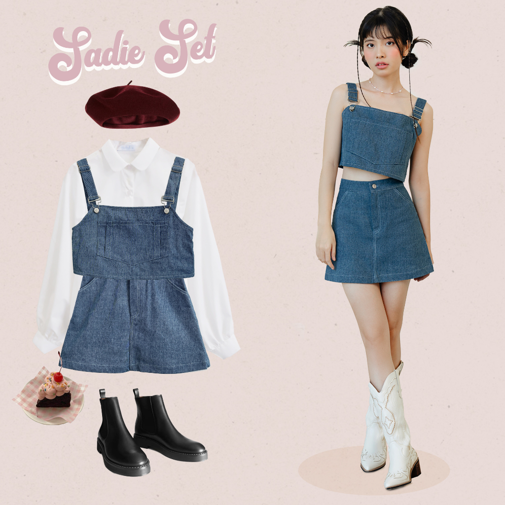 BLEUBIRD Set denim gồm áo và chân váy Sadie Set