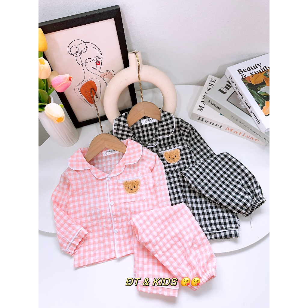 Bộ pijama dài tay gấu nâu kẻ caro cực xinh cho bé trai, bé gái