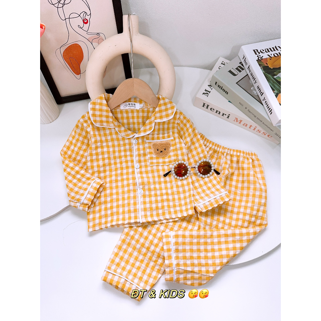 Bộ pijama dài tay gấu nâu kẻ caro cực xinh cho bé trai, bé gái