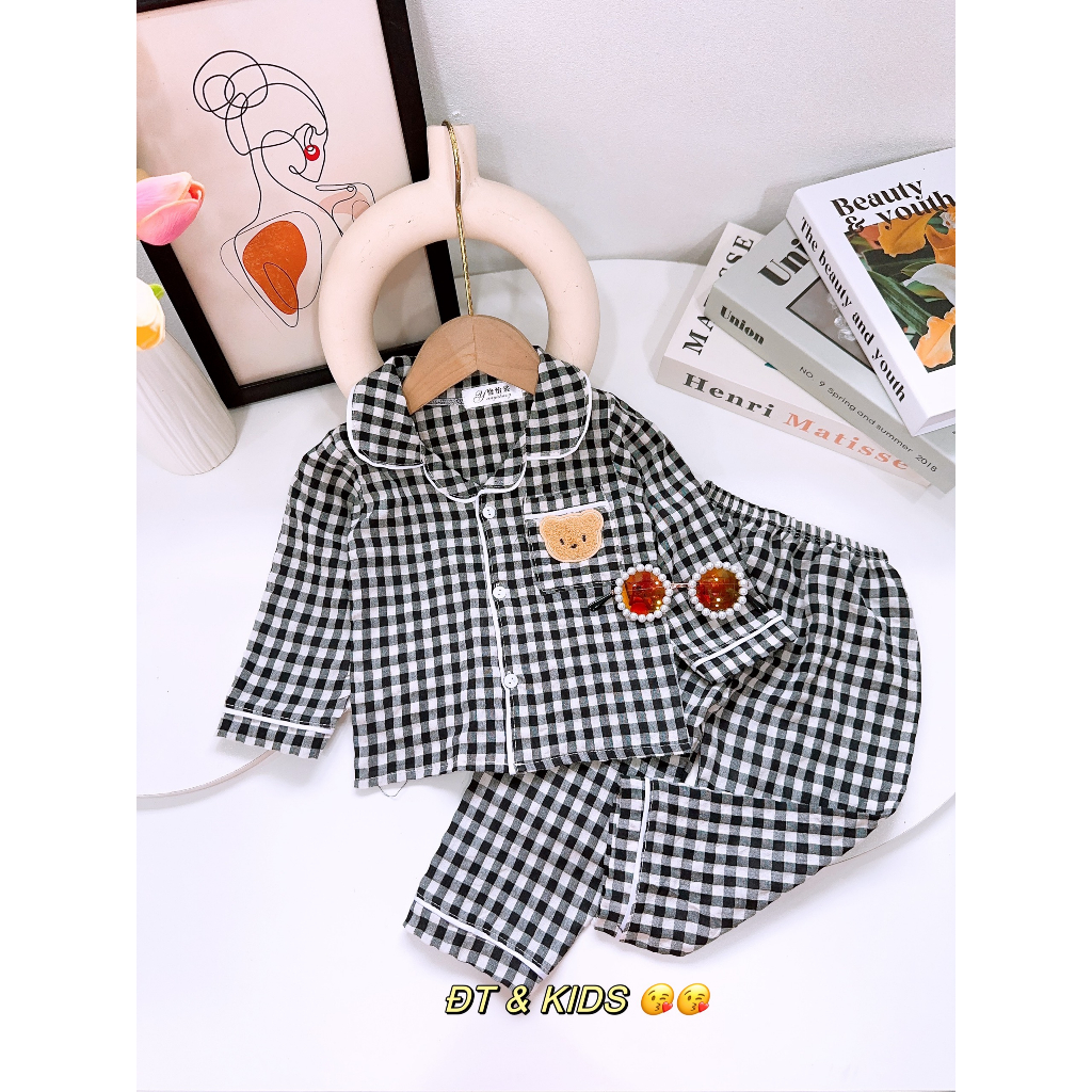 Bộ pijama dài tay gấu nâu kẻ caro cực xinh cho bé trai, bé gái