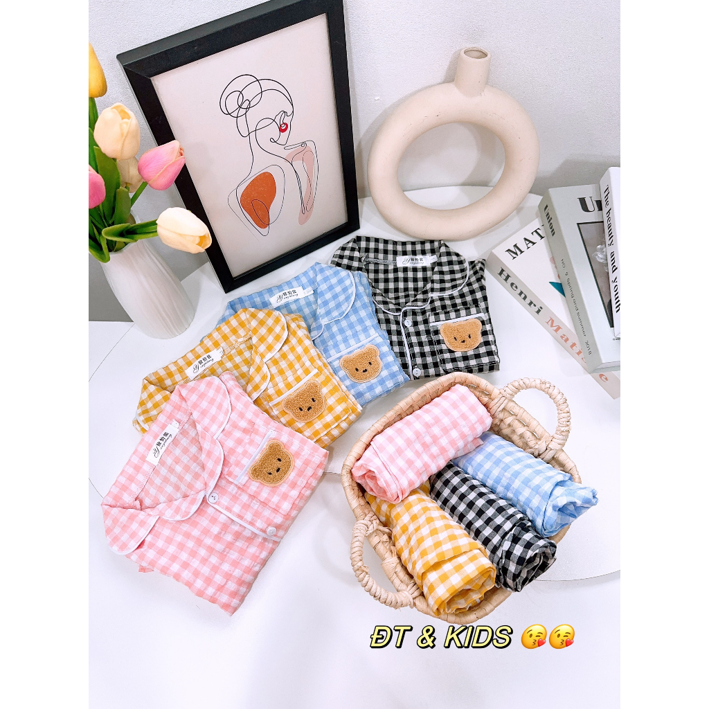 Bộ pijama dài tay gấu nâu kẻ caro cực xinh cho bé trai, bé gái