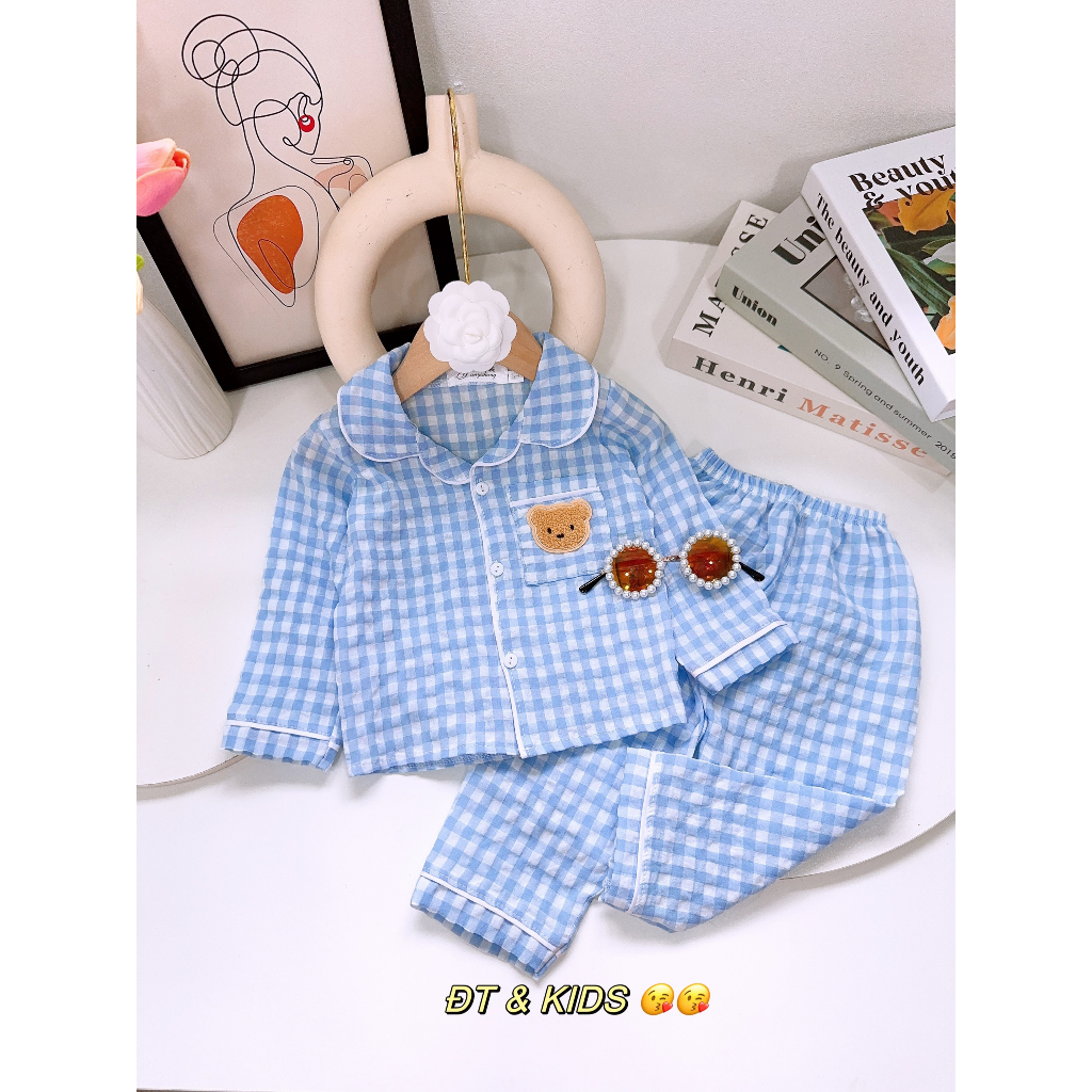 Bộ pijama dài tay gấu nâu kẻ caro cực xinh cho bé trai, bé gái