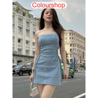 Đầm ống cúp ngực mini dây đan sườn chất denim