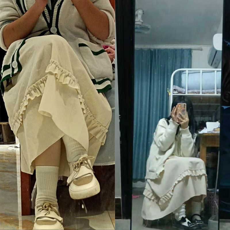 Chân váy dài bigsize có quần bên trong,chân váy dáng dài ulzzang thiết kế hàn quốc cho học sinh màu be kem sữa 01