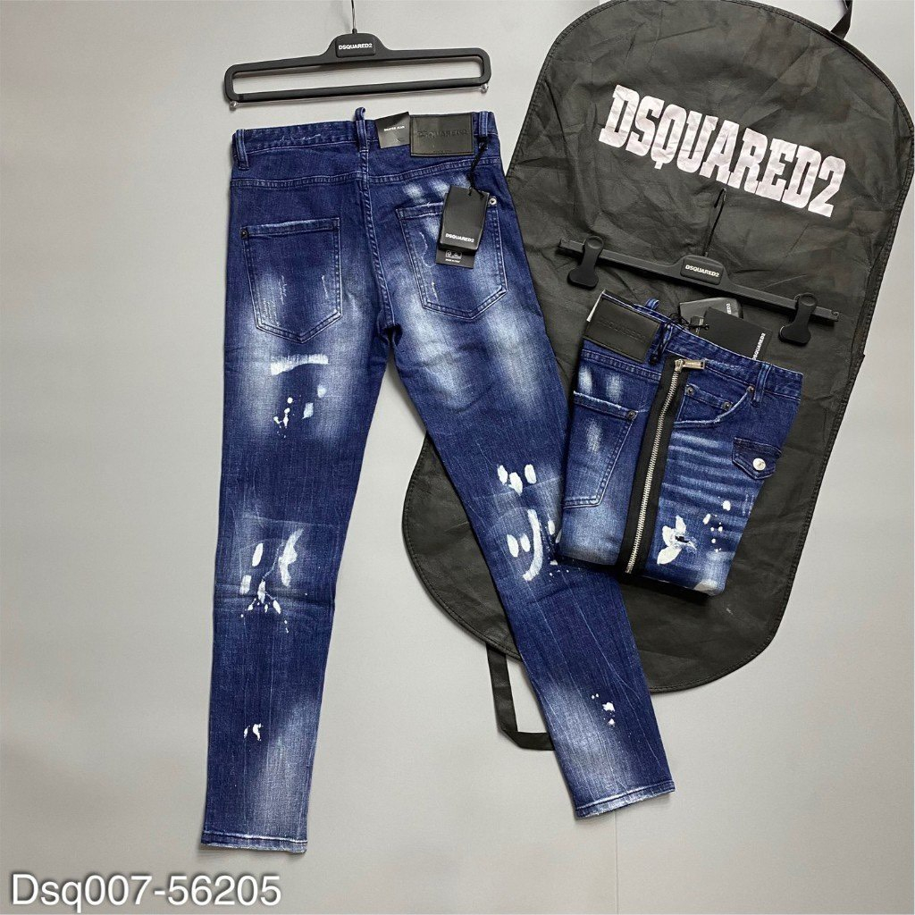 Quần jean bò nam Dsq2 biker slimfit khoá lệch wash xanh bạc rách vảy sơn trắng phong cách boy phố Hottrend 2023
