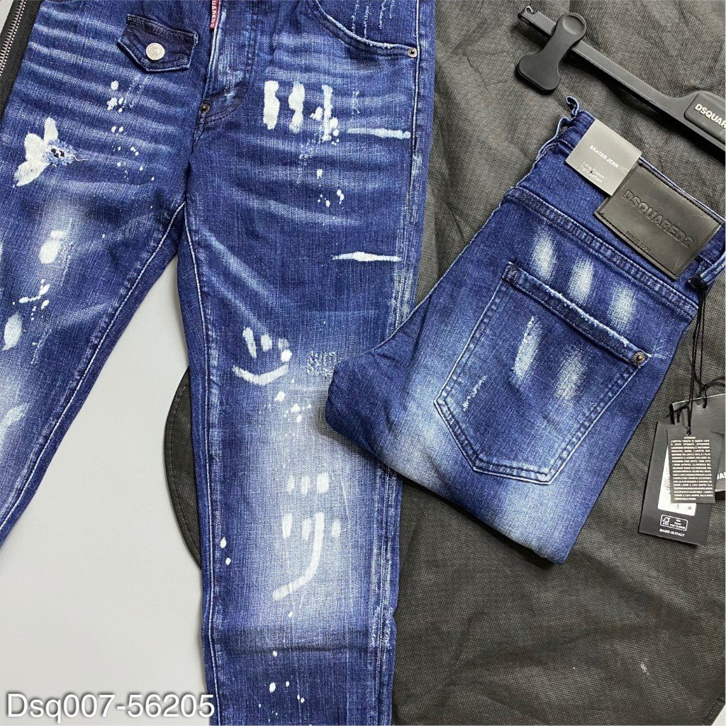 Quần jean bò nam Dsq2 biker slimfit khoá lệch wash xanh bạc rách vảy sơn trắng phong cách boy phố Hottrend 2023
