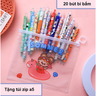 Set 20 bút bi bấm kèm túi zip xịn xò hoạt hình dễ thương