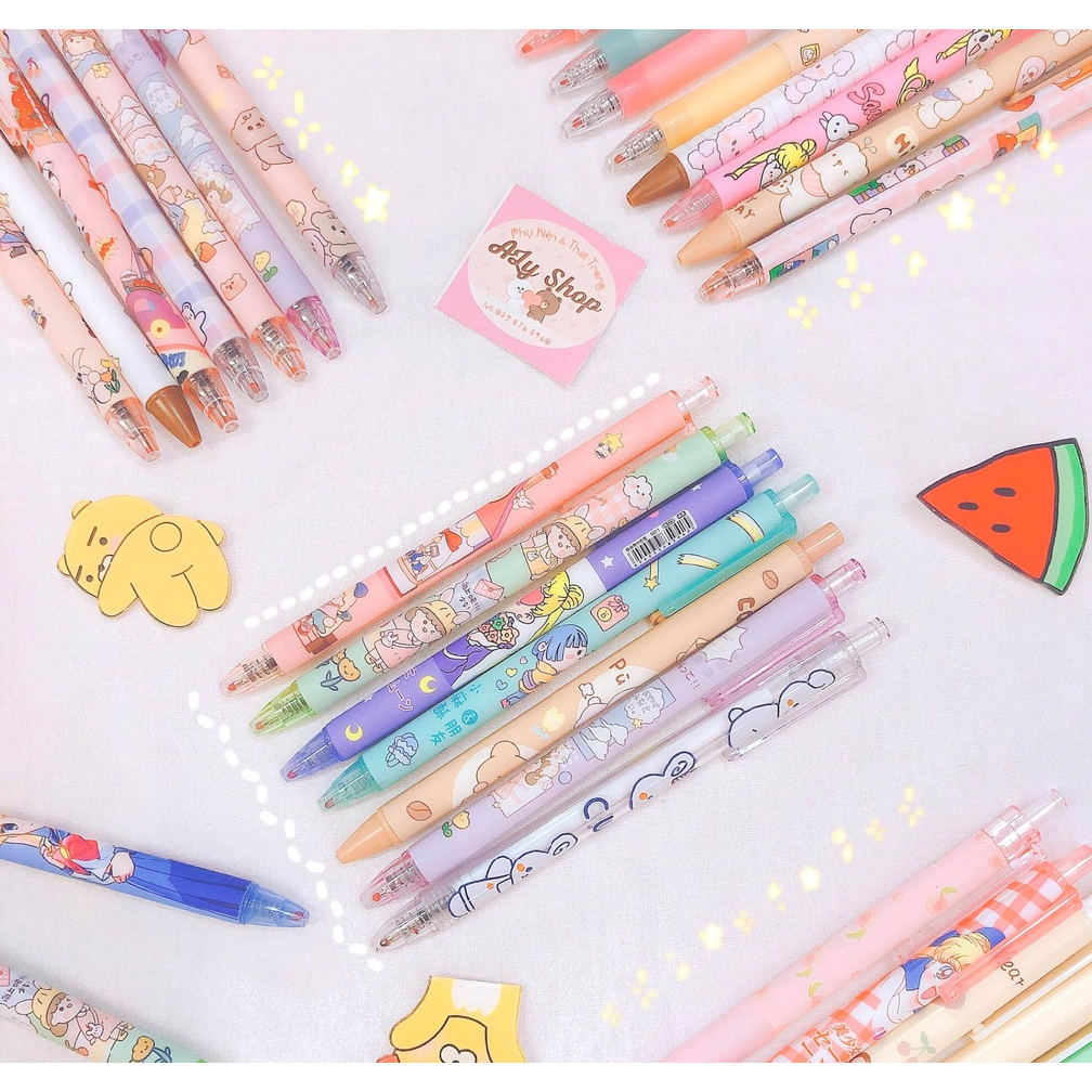 Set 20 bút bi bấm kèm túi zip xịn xò hoạt hình dễ thương