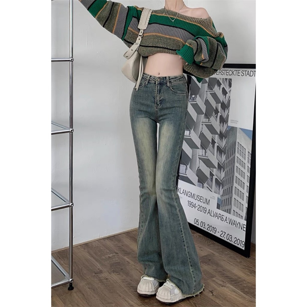 Quần jean nữ ống loe co giãn, quần bò jean nữ ống đứng rộng suông cạp cao phong cách RETRO mẫu mới 2023 Domi Jean