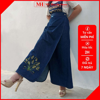 Váy Quần Chống Nắng Jean Cho Nữ Có Túi Và Nút Bấm Chân Thêu Bông Lúa Mỹ Huyền Store