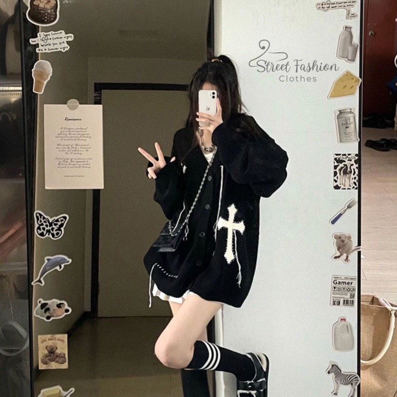 Áo Khoác Len, Cardigan Thêu Chữ Thập Dây, Unisex, Form Rộng, Dày Dặn, Ấm Áp, DTA97