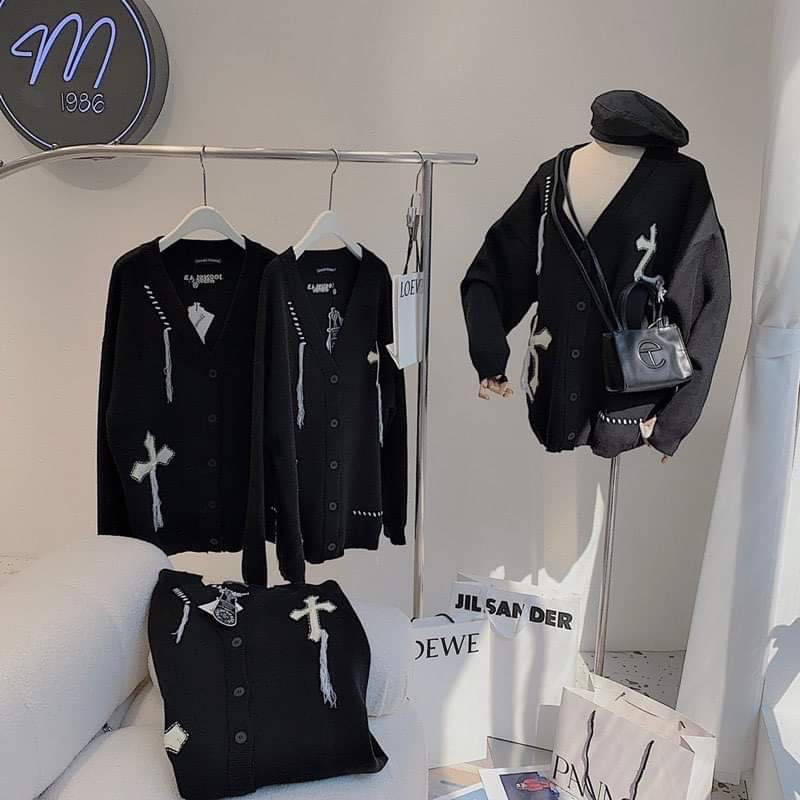 Áo Khoác Len, Cardigan Thêu Chữ Thập Dây, Unisex, Form Rộng, Dày Dặn, Ấm Áp, DTA97