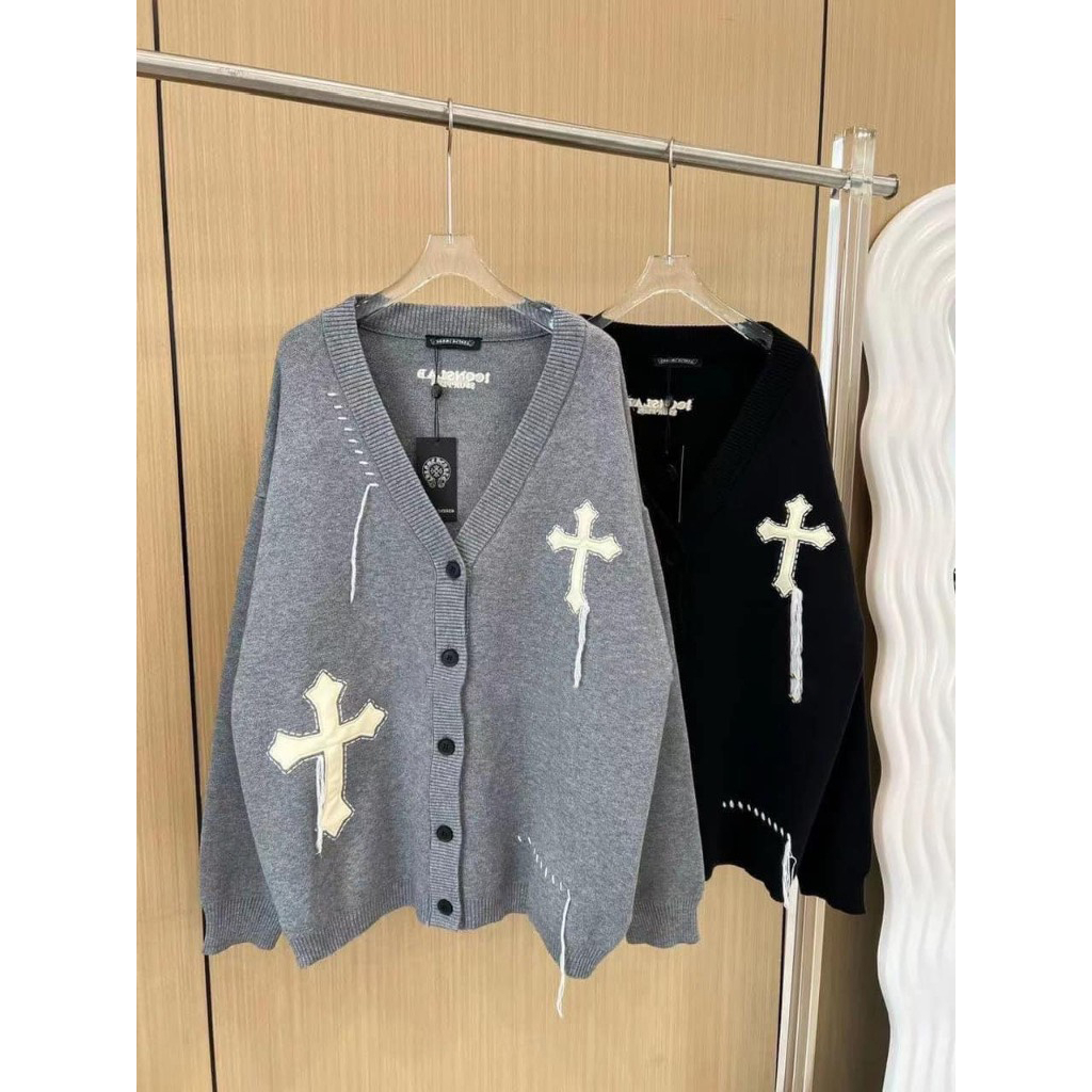 Áo Khoác Len, Cardigan Thêu Chữ Thập Dây, Unisex, Form Rộng, Dày Dặn, Ấm Áp, DTA97