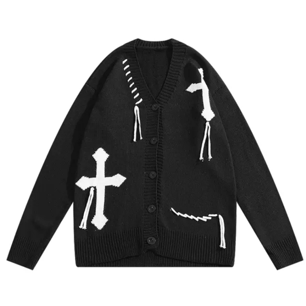 Áo Khoác Len, Cardigan Thêu Chữ Thập Dây, Unisex, Form Rộng, Dày Dặn, Ấm Áp, DTA97