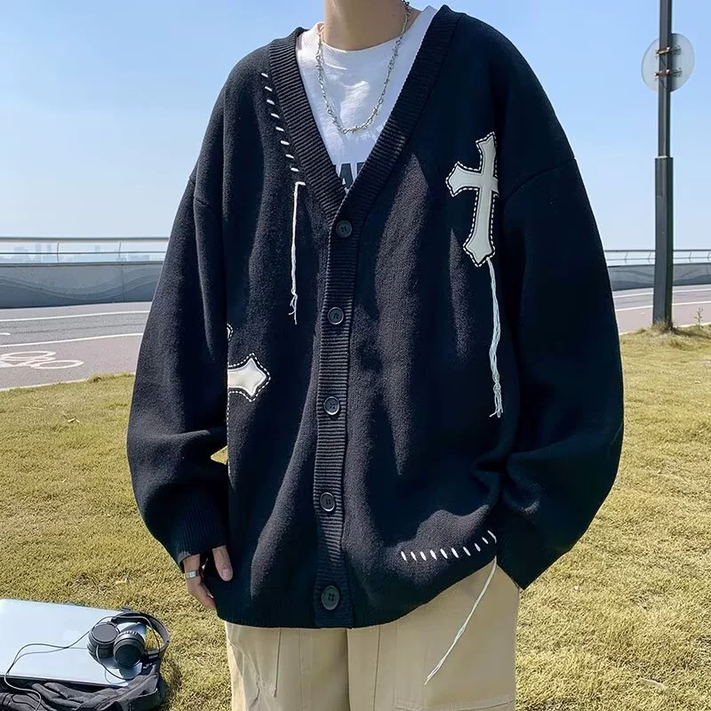 Áo Khoác Len, Cardigan Thêu Chữ Thập Dây, Unisex, Form Rộng, Dày Dặn, Ấm Áp, DTA97